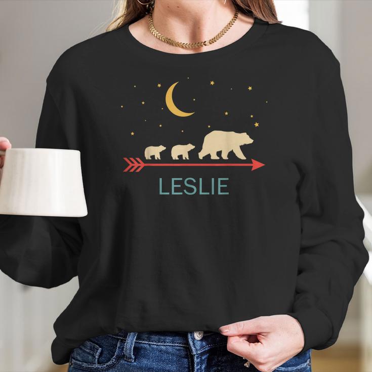 Leslie Name Gift Personalized Mama Bear With 2 Cubs Women Long Sleeve Tshirt