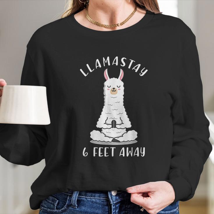 Llamastay 6 Feet Away Funny Social Distancing Llama Yoga Women Long Sleeve Tshirt