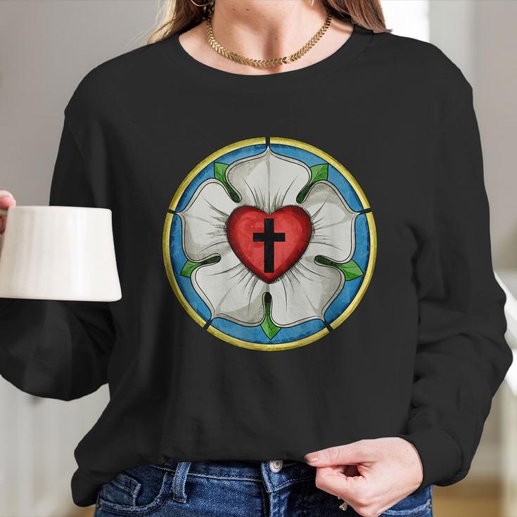 Luther Rose Seal Lutheran Symbol Christian Cross Graphic Design Printed Casual Daily Basic Women Long Sleeve Tshirt