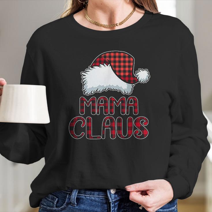 Mama Claus Santa Hat Red Buffalo Plaid Christmas Women Long Sleeve Tshirt