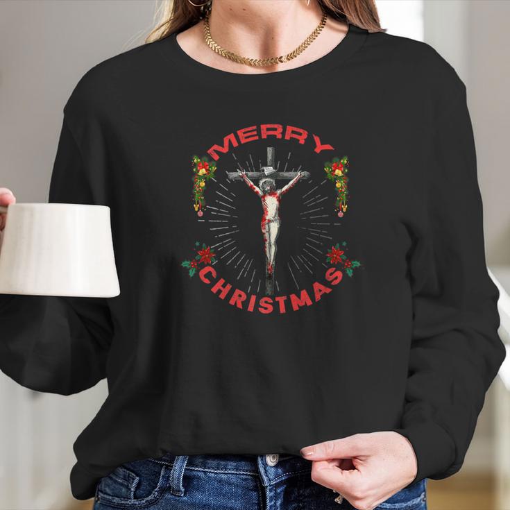 Merry Christmas Crucifixion Jesus Women Long Sleeve Tshirt