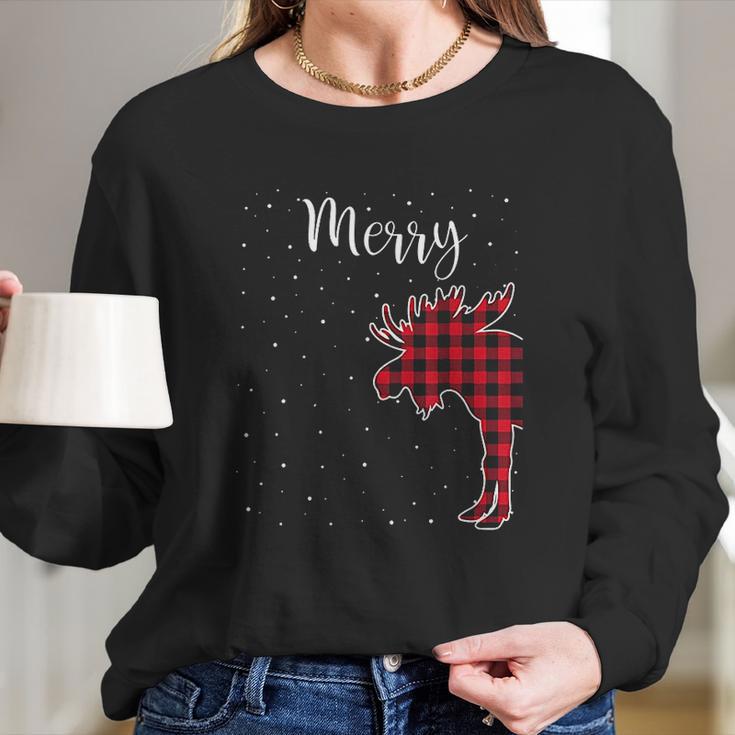 Merry Christmas Red Plaid Buffalo Moose Couples Matching Women Long Sleeve Tshirt