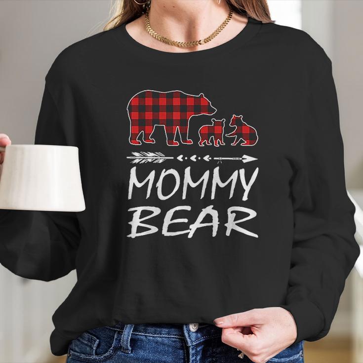 Mommy Bear Two Cubs Red Plaid Christmas Pajama Women Long Sleeve Tshirt