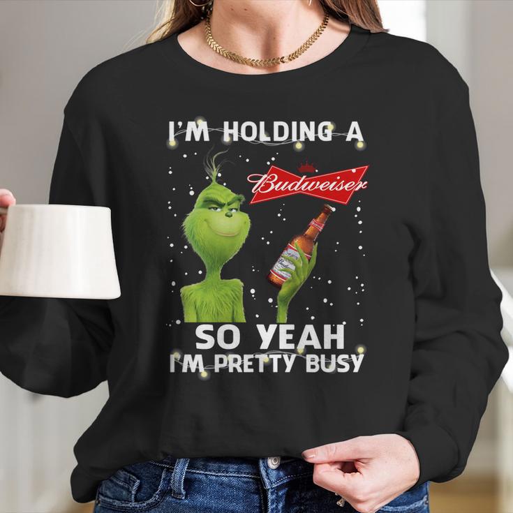 Official Christmas Sweater Im Holding A Budweiser Grinch Funny Beer Xmas Shirt Va11 Women Long Sleeve Tshirt