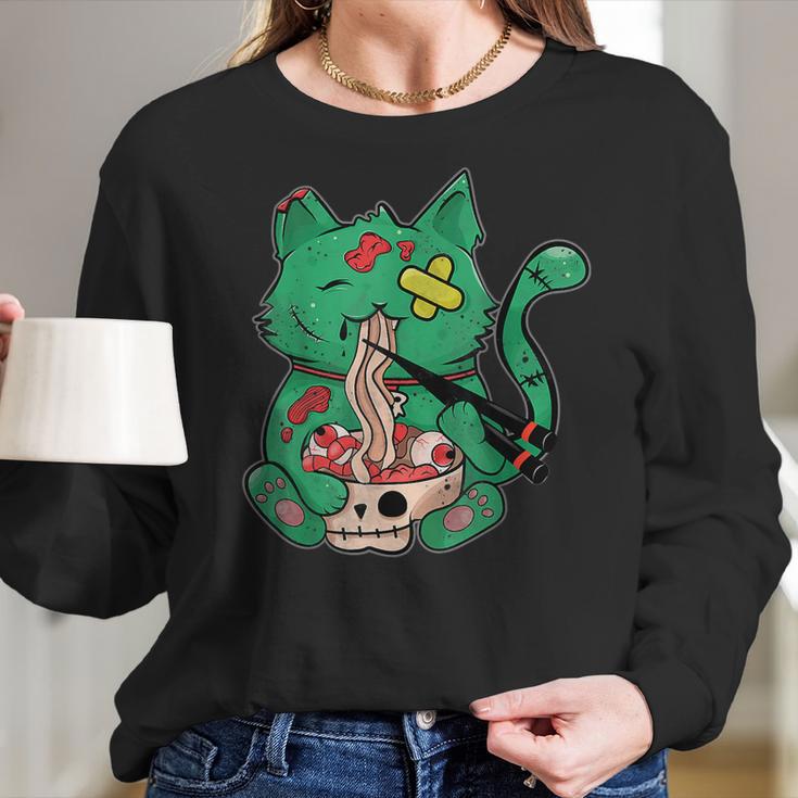 Pastel Goth Kawaii Creepy Cat Eating Ramen Noodles Halloween Men Women T-Shirt Graphic Print Casual Unisex Tee Women Long Sleeve Tshirt