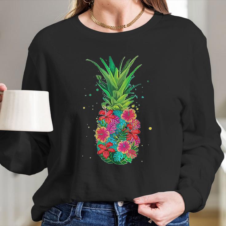 Pineapple Flowers Women Aloha Hawaii Vintage Hawaiian Women Long Sleeve Tshirt