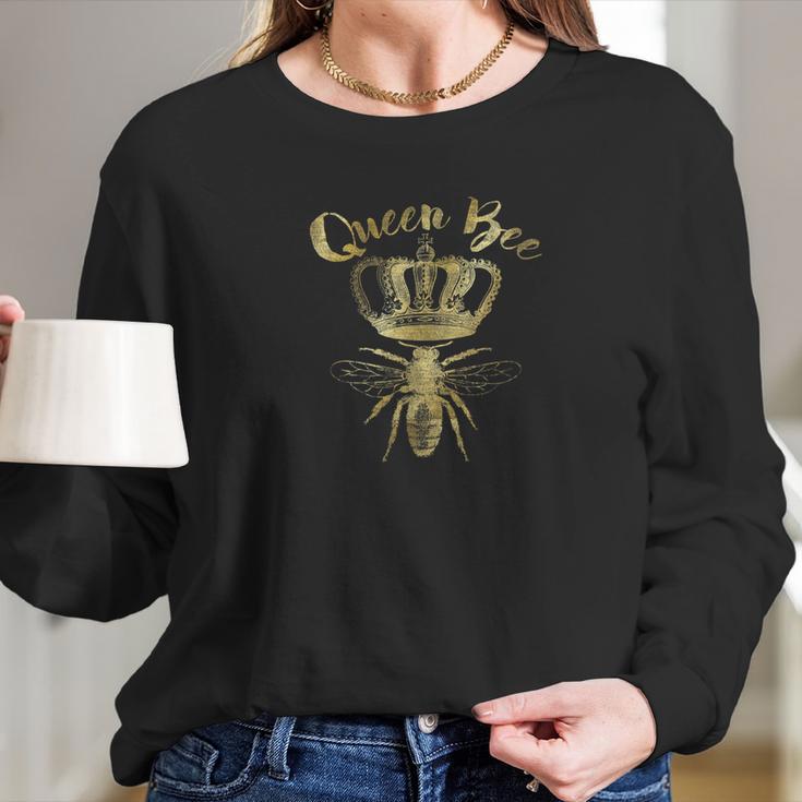 Queen Bee Vintage Crown Bee Lover Gift Faux Gold Women Long Sleeve Tshirt