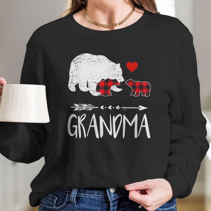 Red Plaid Grandma Bear Two Cubs Matching Buffalo Pajama Xmas Women Long Sleeve Tshirt