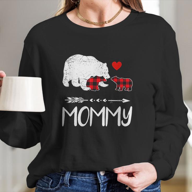 Red Plaid Mommy Bear Two Cubs Matching Buffalo Xmas Women Long Sleeve Tshirt