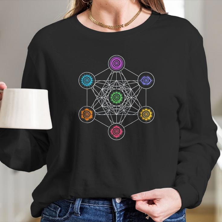 Sacred Geometry Yoga Metatrons Cube Rainbow Women Long Sleeve Tshirt