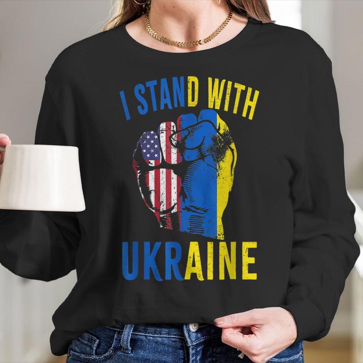 I Stand With Ukraine Flag American Flag Support Ukraine Men Women T-Shirt Graphic Print Casual Unisex Tee Women Long Sleeve Tshirt