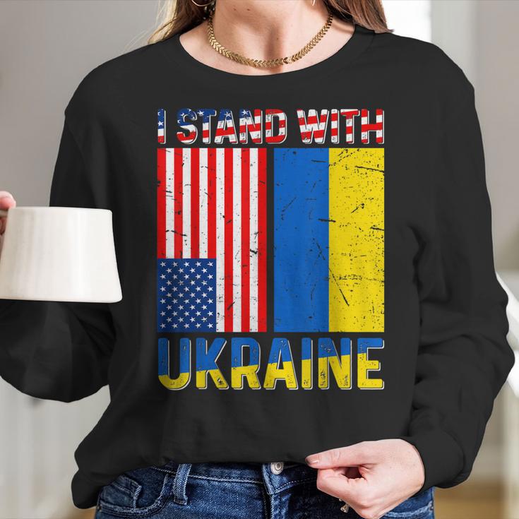 I Stand With Ukraine Support Ukraine Ukrainian American Flag V2 Men Women T-Shirt Graphic Print Casual Unisex Tee Women Long Sleeve Tshirt