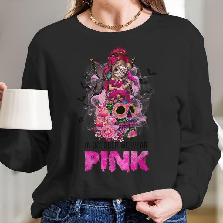 Sugar Skull Fight Breast Cancer Awareness Like A Girl Ribbon Men Women T-Shirt Graphic Print Casual Unisex Tee Women Long Sleeve Tshirt