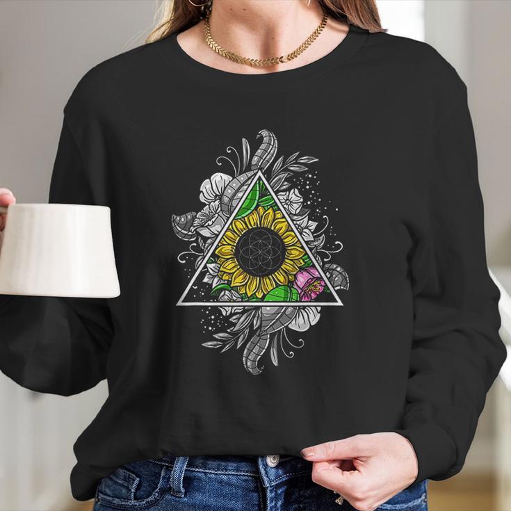 Sunflower Sacred Geometry Floral Flower Of Life Hippie Women Women Long Sleeve Tshirt