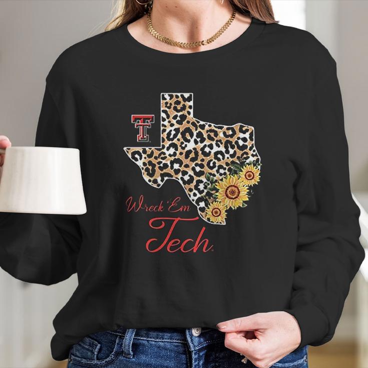 Texas Tech Red Raiders Leopard State Map Sunflower Women Long Sleeve Tshirt