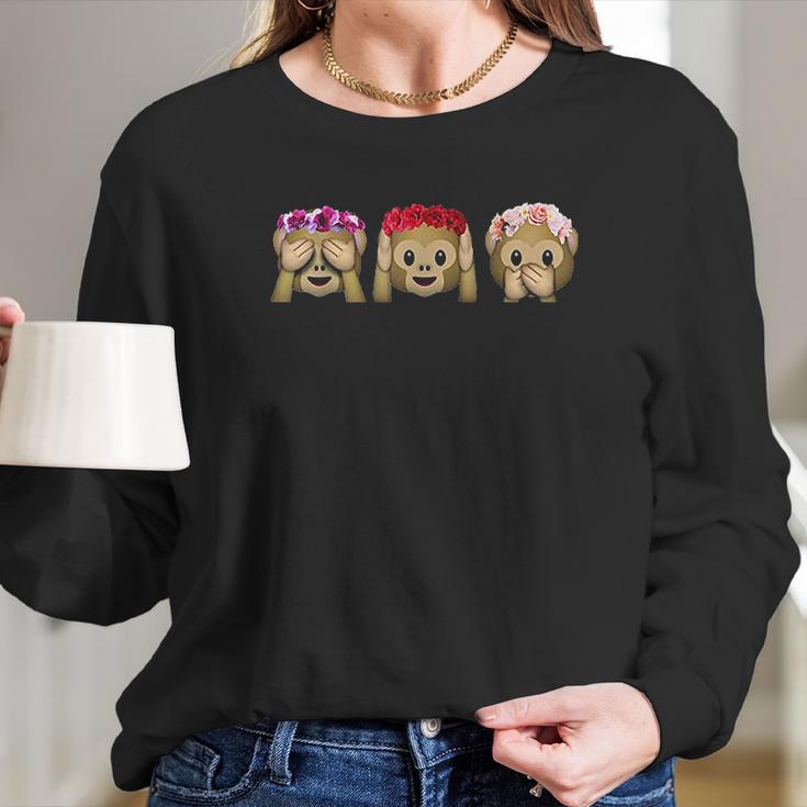 Three Emoji Monkey Flower Hear Speak See No Evil Cute Monkey Women Long Sleeve Tshirt