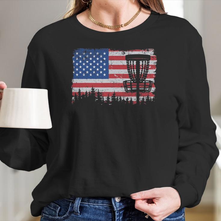 Us American Flag Disc Golf Basket Frisbee Vintage Disc Golf Women Long Sleeve Tshirt