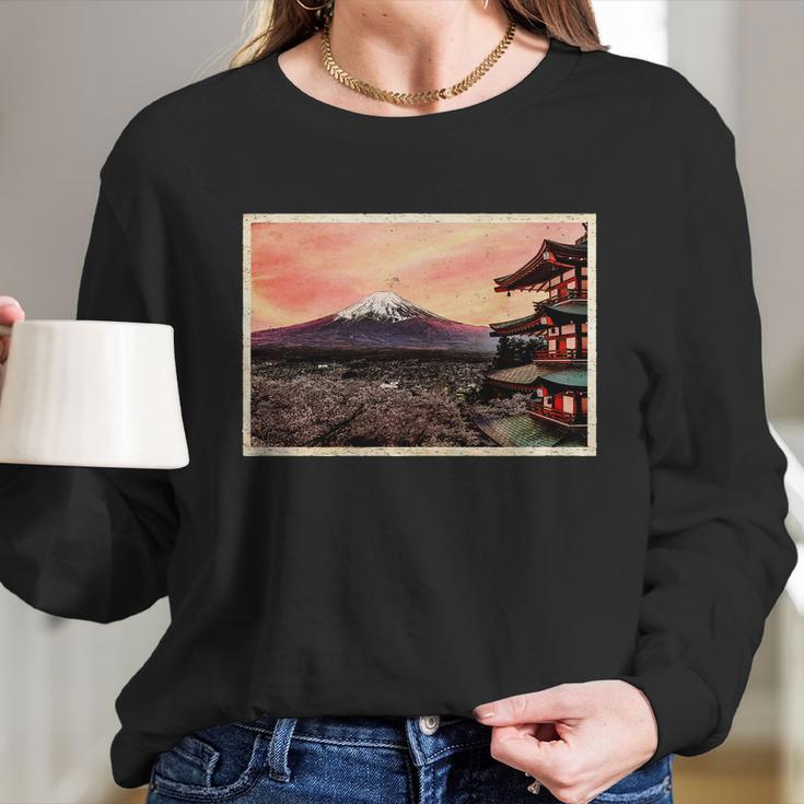 Vintage Japanese Mt Fuji Pagoda And Cherry Blossoms Women Long Sleeve Tshirt