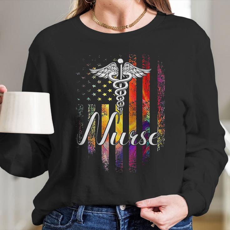 Vintage Nurse American Usa Flag Color Nurse Pharmacy Gift Women Long Sleeve Tshirt