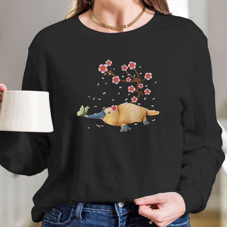 Vintage Platypus Japanese Cherry Blossom Flower Sakura Women Long Sleeve Tshirt