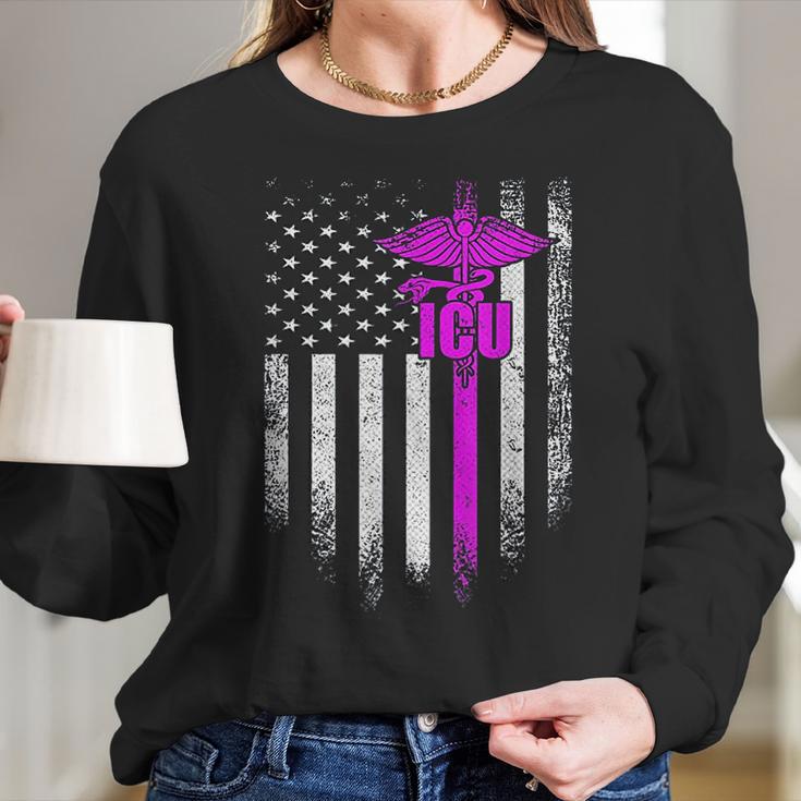 Vintage Usa Icu Intensive Care Unit Nurse American Flag Gift Women Long Sleeve Tshirt