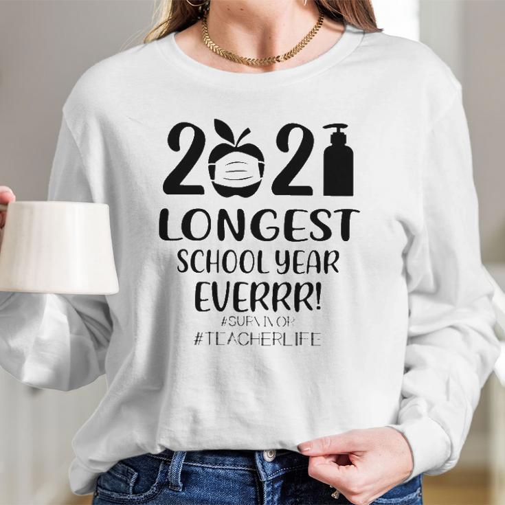 2021 Longest School Year Everrr Survivor Teacher Life Hashtag Apple Wearing Face Mask Hand Sanitizer Women Long Sleeve Tshirt