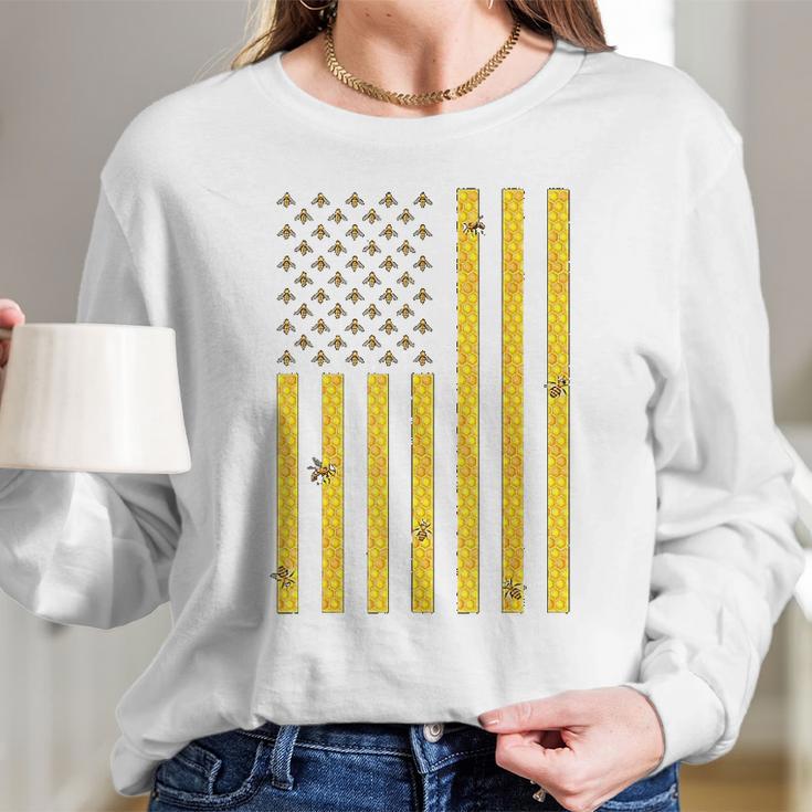 American Flag Honeycomb Honey Bee Women Long Sleeve Tshirt