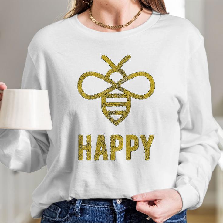 Bee Happy Funny Vintage Graphic Honey Bumblebee Women Long Sleeve Tshirt