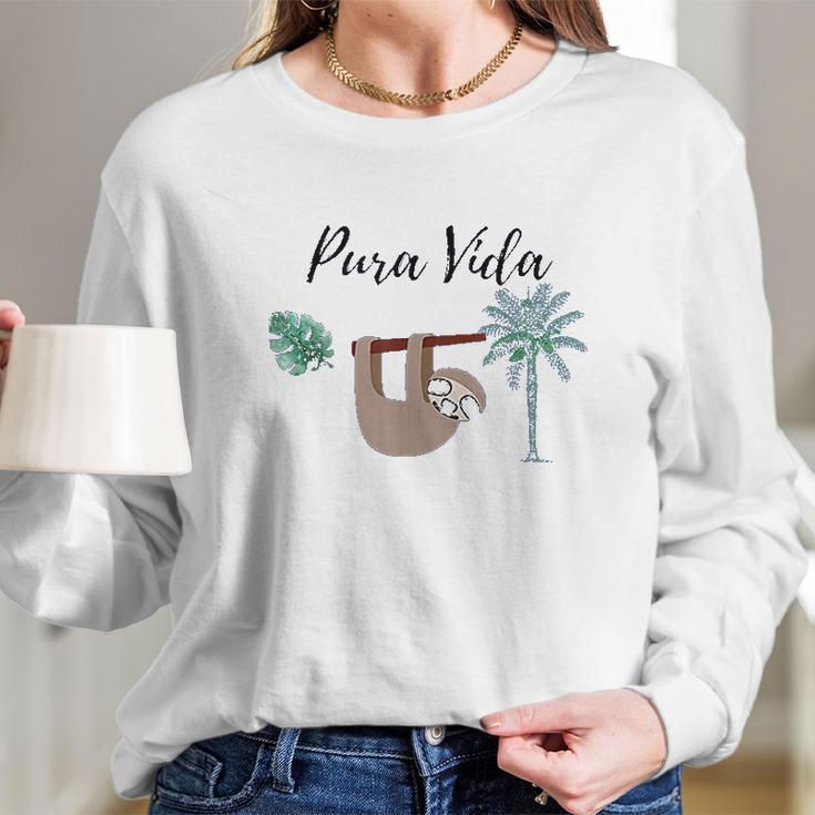 Costa Rica Pura Vida Sloth Palm Tree Women Long Sleeve Tshirt