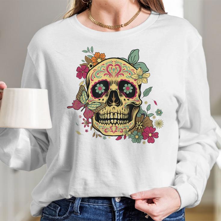 Floral Sugar Skull Dia De Los Muertos Dead Women Girl Women Long Sleeve Tshirt