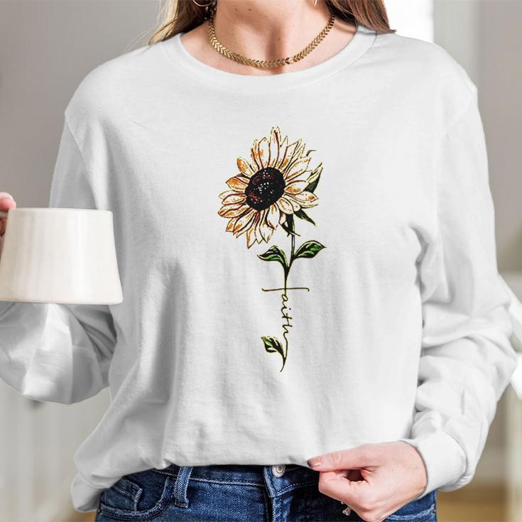 Foulian Sunflower Faith Cross Faith Christian Women Long Sleeve Tshirt