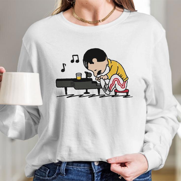 Freddie Mercury Peanuts Playing Piano And Dinking Wine Shirt Women Long Sleeve Tshirt