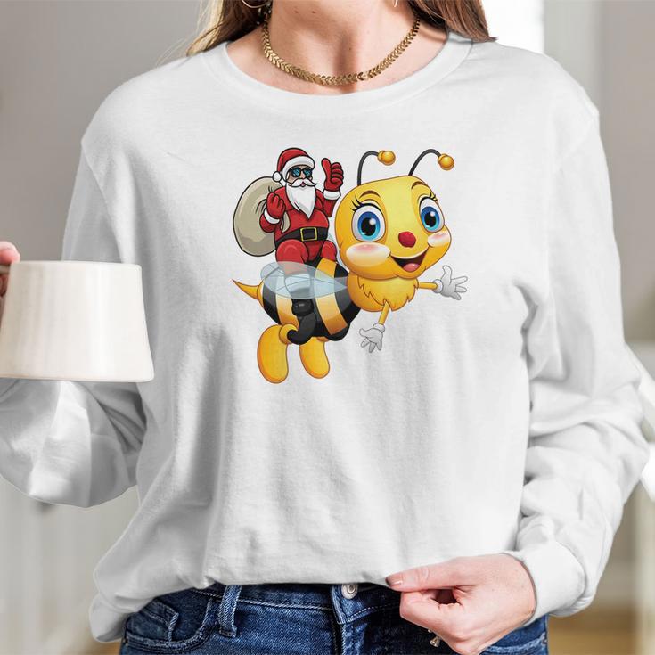 Funny Bee Christmas Santa Riding On Honey Bee Women Long Sleeve Tshirt