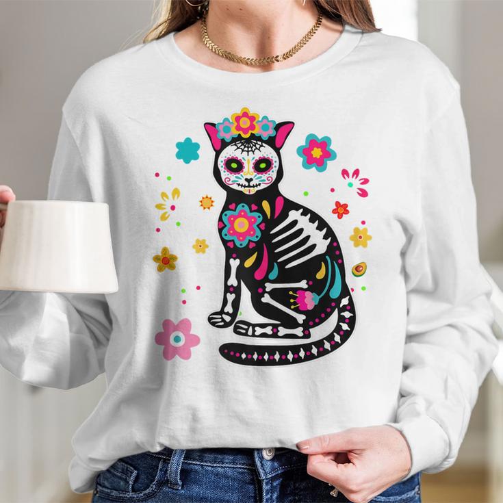 Womens Mexican Cat Dia De Los Muertos Sugar Skull Day Of The Dead Women Long Sleeve Tshirt