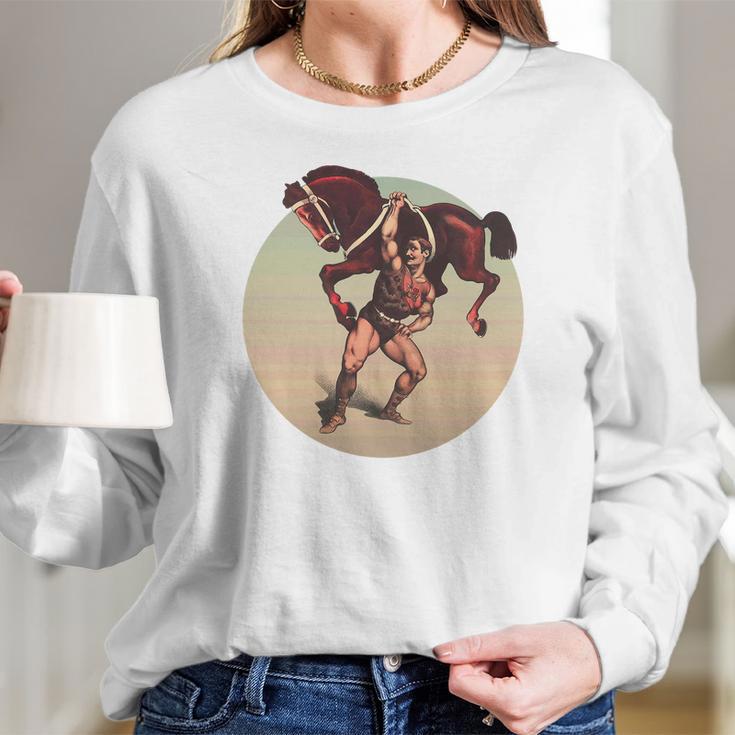 Muscle Man Lifting A Horse Kids Women Long Sleeve Tshirt