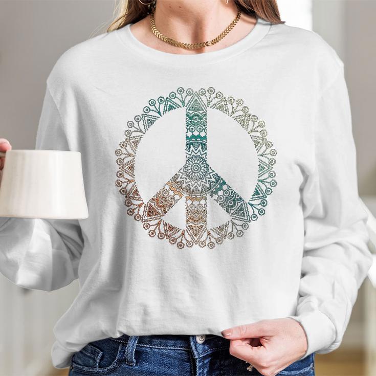 Neutral Boho Yoga Ornate Mandala Peace Sign Hippie Women Long Sleeve Tshirt