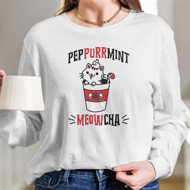 Peppurrmint Meowcha Funny Christmas Cat Peppermint Mocha Coffee Women Long Sleeve Tshirt