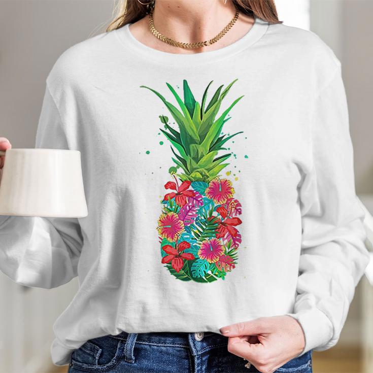 Pineapple Flowers Aloha Hawaii Vintage Hawaiian Women Long Sleeve Tshirt