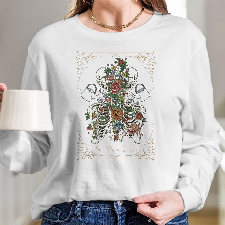 The Plant Lover Tarot Card Skeleton Skull Flowers Plants Women Long Sleeve Tshirt