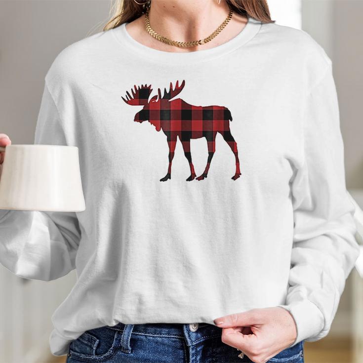 Red Black Buffalo Plaid Flannel Christmas Moose Women Long Sleeve Tshirt