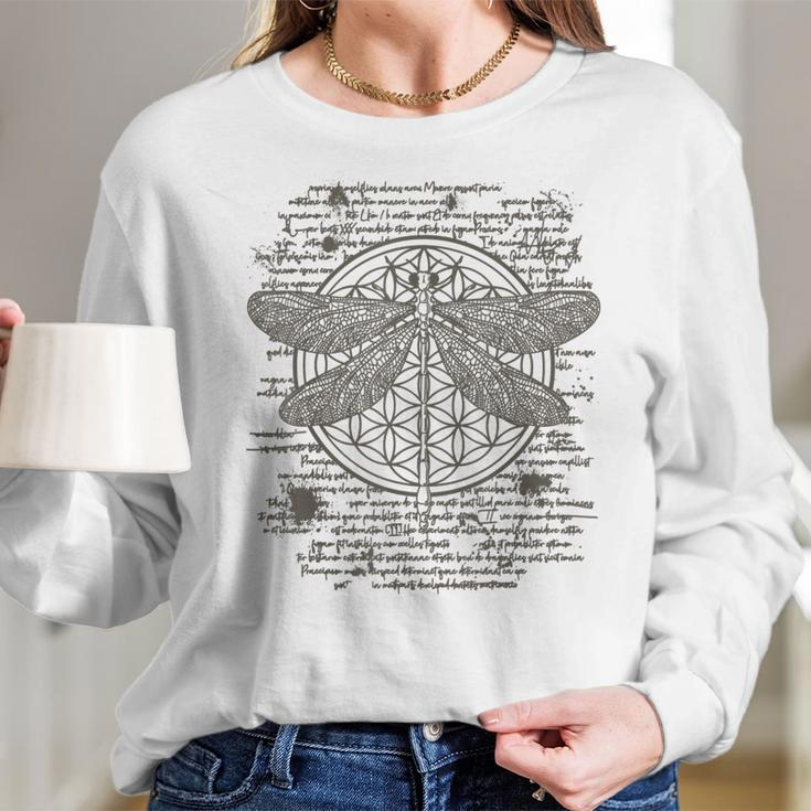 Spiritual Dragonfly Yoga Design Leonardo Da Vinci Vintage Women Long Sleeve Tshirt