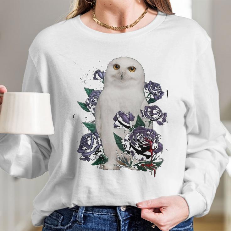 A White Owl And Purple Roses Women Long Sleeve Tshirt