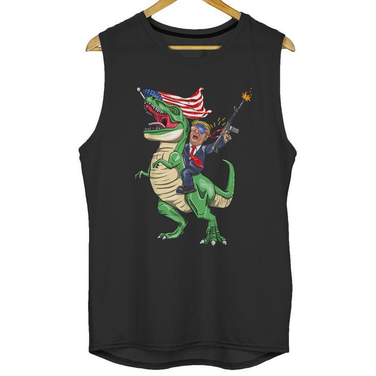 Machine Gun Trump On Rex Dinosaur With American Flag Graphic Design Printed Casual Daily Basic Men Tank Top