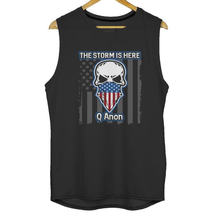 Q Anon Usa Flag Skull The Storm Is Here Men Tank Top