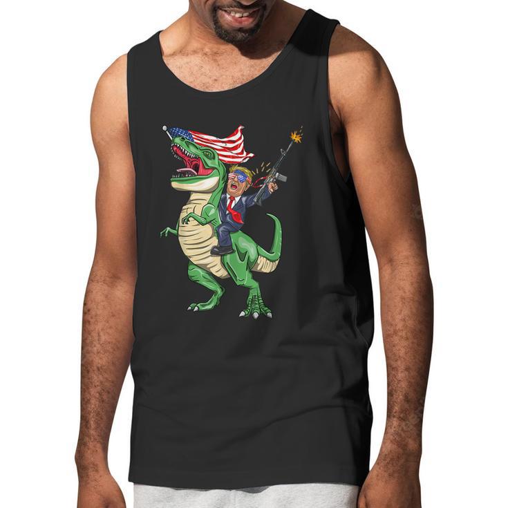 Machine Gun Trump On Rex Dinosaur With American Flag Graphic Design Printed Casual Daily Basic Men Tank Top