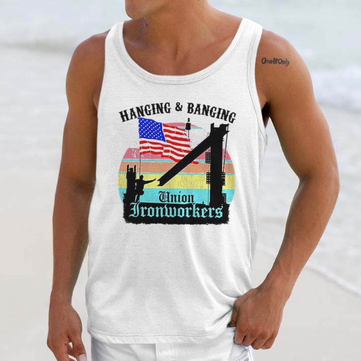 Union Ironworkers Hanging & Banging American Flag Men Tank Top