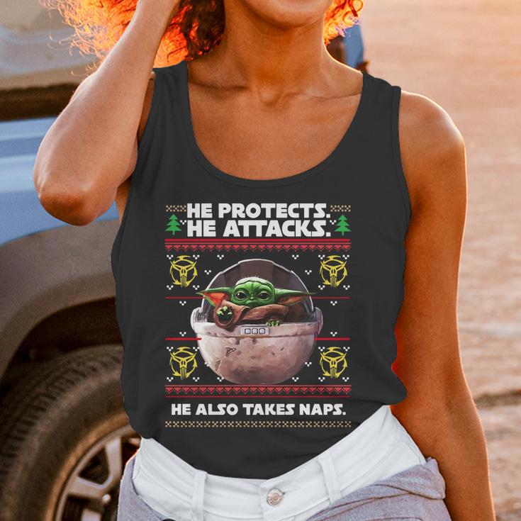 Baby Yoda He Protects He Attacks He Also Takes Naps Christmas Sweater Women Tank Top