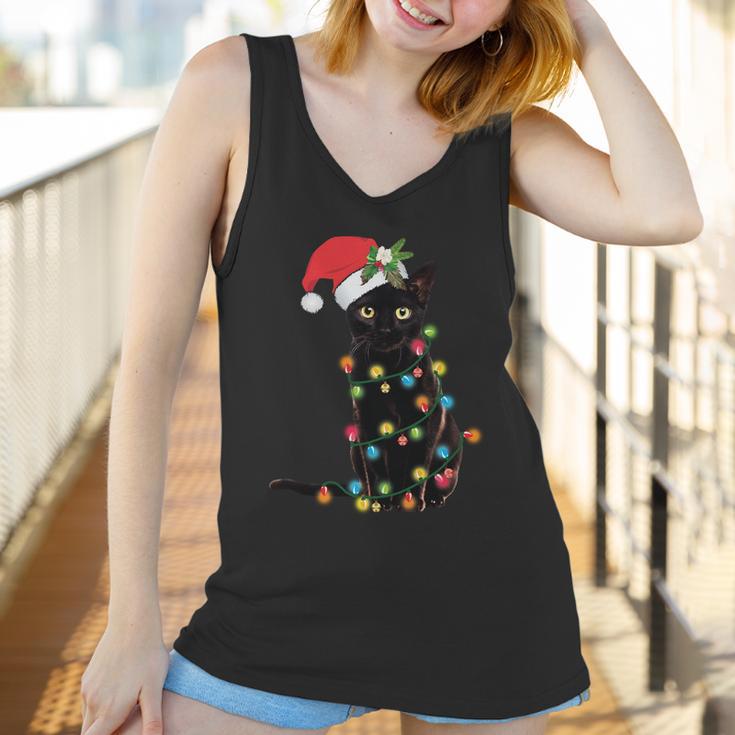 Santa Black Cat Tangled Up In Christmas Tree Lights Holiday Long Sleeve Tshirt Women Tank Top