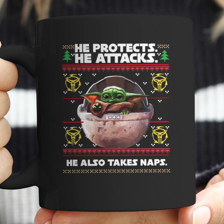 Baby Yoda He Protects He Attacks He Also Takes Naps Christmas Sweater Coffee Mug