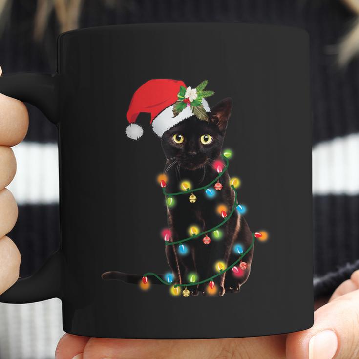 Santa Black Cat Tangled Up In Christmas Tree Lights Holiday Tshirt Coffee Mug